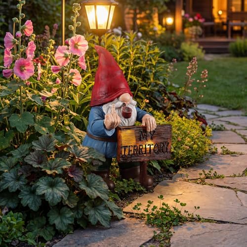 Lavezee Funny Garden Gnome, Middle Finger Gnomes Statue with Solar Lighted Sign – “My Territory” for Patio Backyard Porch Outdoor, Humorous Housewarming Gifts for Men Dad Husband - Image 5