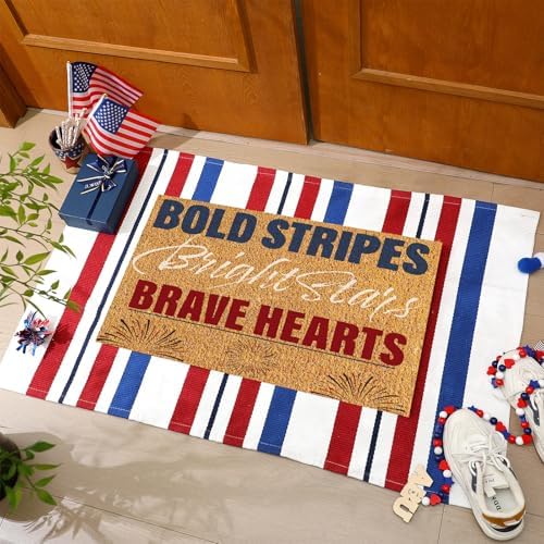 Duraaamo 2 Pcs 4th of July Natural Coir Door Mat Outdoor Red Blue White Welcome Rug Patriotic Mat Non-Slip Independence Day 4th July Indoor Entrance Outside Porch Front Decor - Image 2