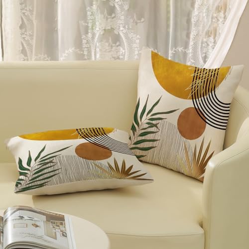 Boho Pillow Covers 18x18 Set of 2 Gold Yellow Sun Throw Pillows Summer Green Tropical Leaf Decor Mid Century Pillowcase Outdoor Decorations Bohemian Style Linen Cushion Case for Couch Home - Image 4