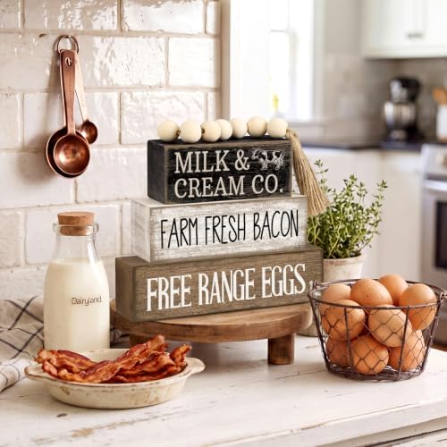 Moucuny 4 Pcs Farm Fresh Farmhouse Table Decor Rustic Stacked Wooden Sign - Image 2