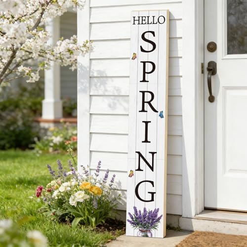 Spring Porch Decor Outdoor Decorations Wooden Door Decorations Indoor Outside Spring Porch Sign Rustic Lavender Welcome Sign for Front Door 46.8 Inch - Image 4