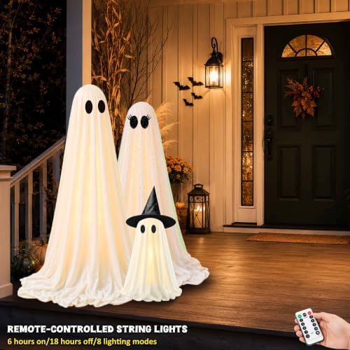 Halloween Decorations Outdoor, 3 Pack Light Up Spooky Ghosts with Remote Control LED Lights, DIY Faces and Witch Hats, Halloween Ghost Family Decor for Yard Porch Lawn Garden Front Door - Image 3