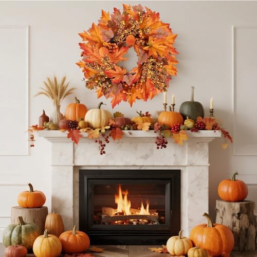 20 lnch Artificial Fall Wreath for Front Door Autumn Wreath with Hanger - Image 4