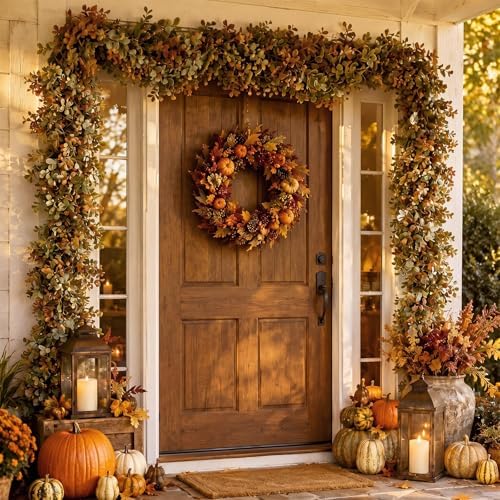 XunYee 6 ft Fall Garland Artificial Boxwood Leaves Fall Garland for Mantle - Image 3