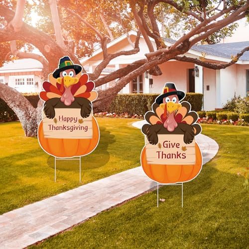 Thanksgiving Plastic Turkey Pumpkins Yard Signs 2pc with Stakes - Image 7