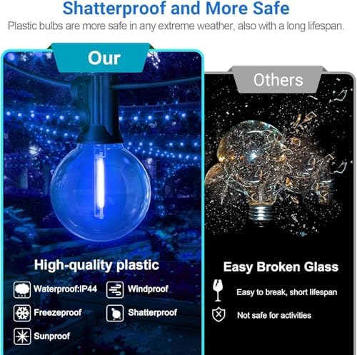 LAMPHOME LED Outdoor String Lights, 4 Pack 26FT Patio Lights with 12+1 Edison Shatterproof Bulbs(1 Spare), UL Waterproof Connectable Dimmable Outside Lights for Hanukkah, Backyard Porch Decor, Blue - Image 2