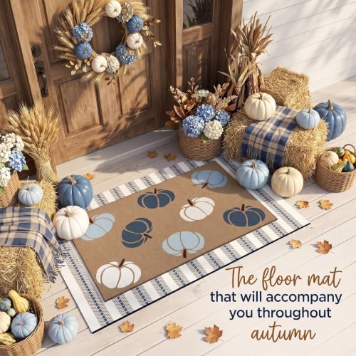 Drydiet Fall Porch Doormat Non Slip, Pumpkin Pattern Blue White - Image 6