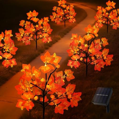 Lmtocs 4 Packs Solar Fall Thanksgiving Decorations Outdoor, 80LED Maple Leaf Pumpkin Fall Lights for Outdoor Fall Decorations, Waterproof Thanksgiving Lights for Yard, Pathway Harvest Decor - Image 4