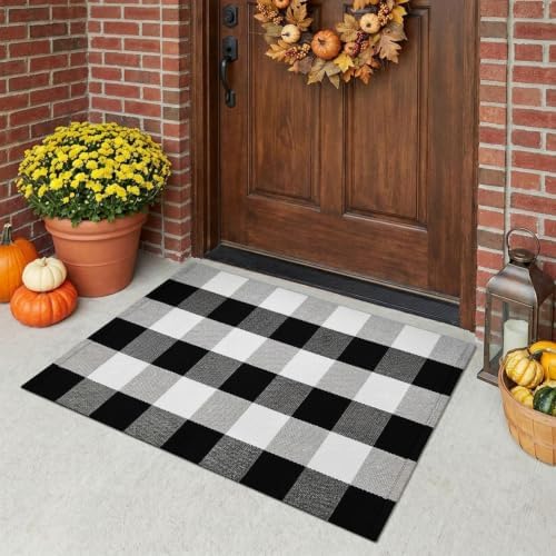 MUBIN Fall Decor Cotton Buffalo Plaid Rug, 2'x3' Black and White Outdoor Porch Front Door Mat, Washable Doormat Hand-Woven Foldable Area Rug Layered Door Mats Rug for Front Porch, Entryway - Image 2