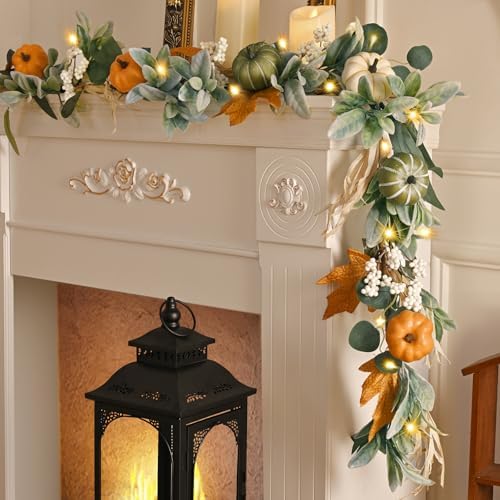 2 Pcs Fall Garland for Mantel, 6 FT Fall Garland with Lights by Waipfaru