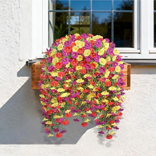 Artificial Hanging Flowers for Outdoors, 4 PCS 600 Blooms UV Resistant Morning Glory Faux Silk Vines, No-Odor Realistic Fake Plants for Garden Planter Porch Patio Decoration, Purple & Yellow & Red - Image 6