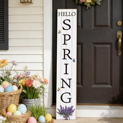 Spring Porch Decor Outdoor Decorations Wooden Door Decorations Indoor Outside Spring Porch Sign Rustic Lavender Welcome Sign for Front Door 46.8 Inch by YUNKKIN