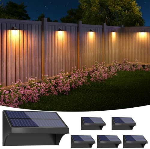 NIORSUN Outdoor Fence Lights, 6 Pack Waterproof LED Solar Fence Lights with 1500mAh Battery, Warm White/Cool White/RGB, Easy-to-Install Wall Light for Deck, Patio, Railing, Stairs, Backyard – Black by NIORSUN