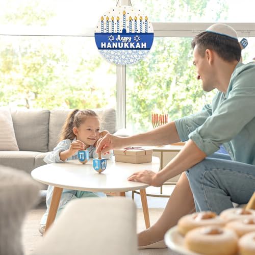 JarThenaAMCS Happy Hanukkah Welcome Door Sign Chanukah Candlestick Star Wooden Hanging Sign Blue Front Door Hanger for Indoor Outdoor Home Porch Window Decor - Image 4