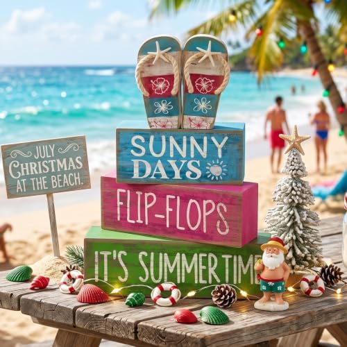 Lineshading 4 Pcs Flip Flop Beach Summer Wooden Block Signs Table Decor - Image 2