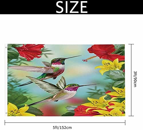 Yekiua Hummingbirds Flag 3X5 Outdoor Two Little Birds Spring Red Flowering Hibiscus Yellow Lilies Double Sided Flags All Weather Long Lasting With 2 Brass Grommets - Image 2