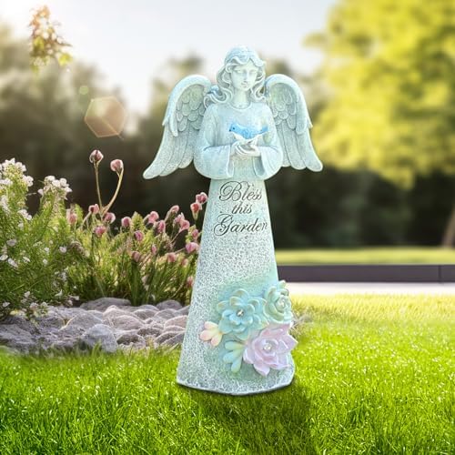 Angel Garden Statue Outdoor, Solar Angel Holding Bird with Succulent Lights - Image 2