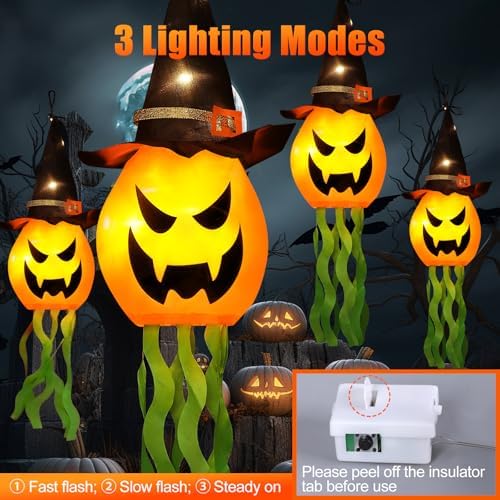 Cuorung Halloween Decorations Outdoor Decor Hanging Lighted Glowing Pumpkin Witch Hat with 3 Modes Lighted Up Scary Orange Halloween Decorations for Indoor Outside Party Yard Tree Garden (4Pcs) - Image 2