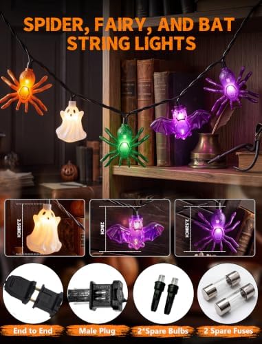8.5FT 10 LED Halloween Spider Bat Ghost String Lights Outdoor, Plug in - Image 5