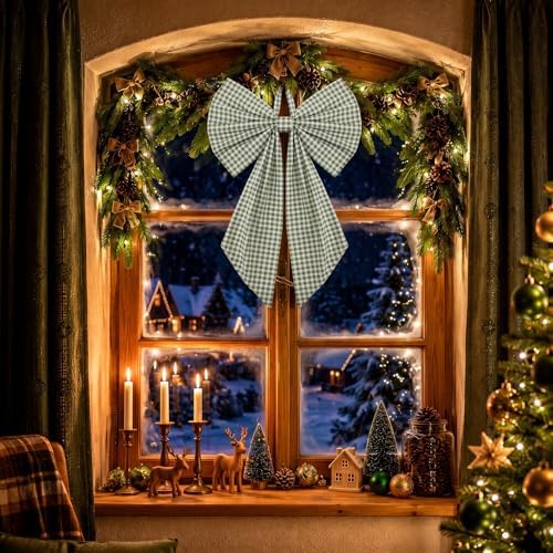 Suncalla 2 Pcs Green Christmas Gingham Wreath Bows 18'' x 12'' - Image 6