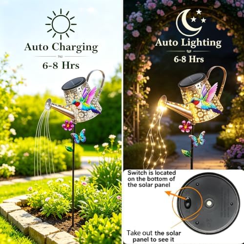 Solar Watering Can with Cascading Lights Outdoor Hummingbird Garden Decor - Image 5