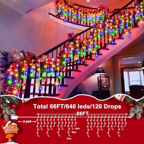 XURISEN 66ft 640 LED Christmas Lights Outdoor with 120 Drops, 8 Modes Curtain Fairy Lights Plug in Waterproof Timer Memory Function String Lights for Christmas Holiday Wedding Party Decor(Multicolor) - Image 5