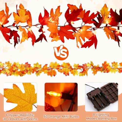 2 Pack 12Ft 50 LED Fall Garland with Lights,8 Modes Waterproof Battery Operated Fall Decorations Lights for Mantle Fireplace Table Indoor Thanksgiving Decor - Image 2