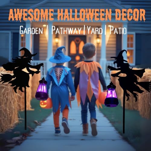 Halloween Witches Outdoor Solar Lanterns 2 Pack - Halloween Decorations Outdoor Witch Statue, Solar Garden Stakes, Metal Yard Decor, Whimsical Decor for Patio (Purple Light) - Image 2