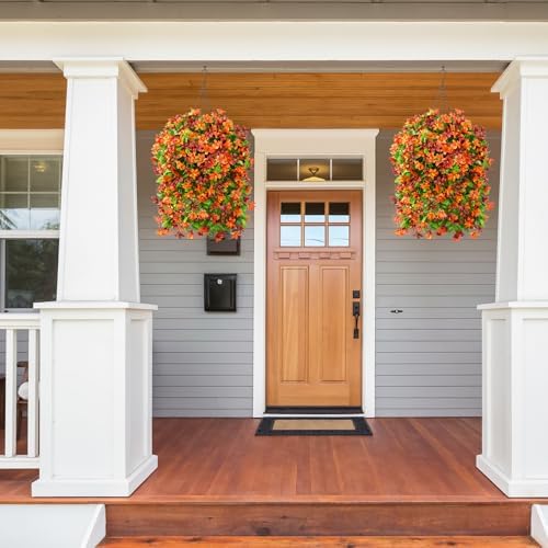 INQCMY Artificial Hanging Flowers Decoration, 4pcs Fake Floral Basket Plants for Outdoor Porch, Faux Shrubs Home Spring Decor UV Resistant Potted Violets for Outside Garden No Fade - Image 4