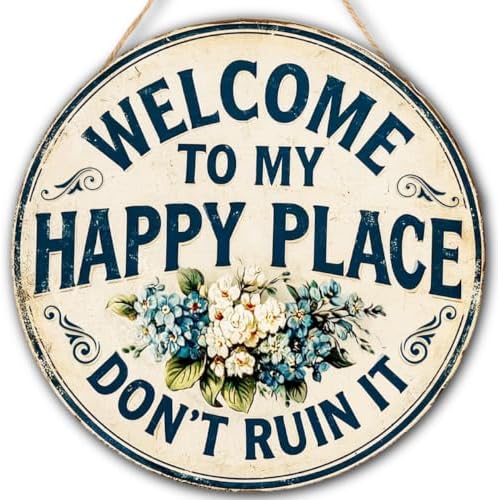 Welcome To My Happy Place Wooden Hanging Sign for House Front Door, Rustic Welcome Sign for Porch Garden Patio Farmhouse by FDLLAUS