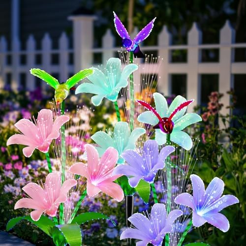 Solar Lights Outdoor 3 Pack, Fiber Optic Lily & Hummingbird Solar Stake Lights, Waterproof Auto On/Off Solar Garden Lights for Patio Deck Lawn Pathway Mother’s Day Holiday Décor by createyourdreamgarden