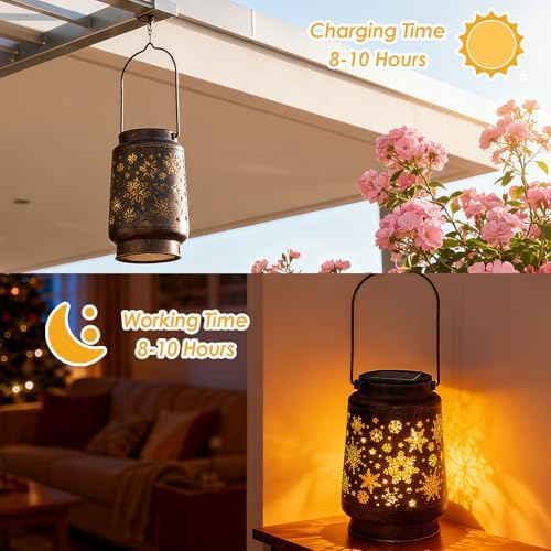 Outdoor Solar Lanterns Waterproof, Metal Hanging Solar Lights Snow Garden Decor Birthday Gifts for Women Mom Grandma for Patio Backyard Yard Pathway Porch - Image 3