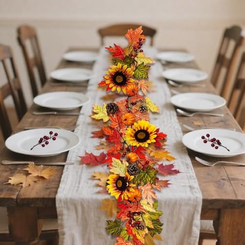 Fall Maple Garland, 6.2FT/Piece Sunflower Berries Pumpkin, Pumpkin Garland, Autumn Garland for Halloween Thanksgiving Wedding Fireplace Party Door Frame Doorway Backdrop Decor - Image 3