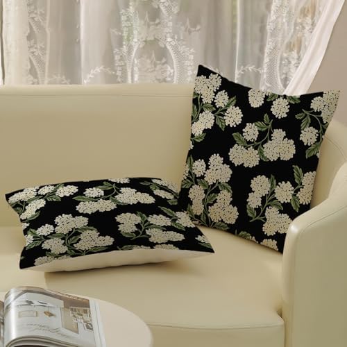 Black Spring Pillow Covers 16x16 Inch 2 Pcs Green Hydrangea Flower Decor Throw Pillows Vintage Floral Seasonal Summer Outdoor Decoration Pillowcase Linen Cushion Cover for Couch Sofa - Image 4