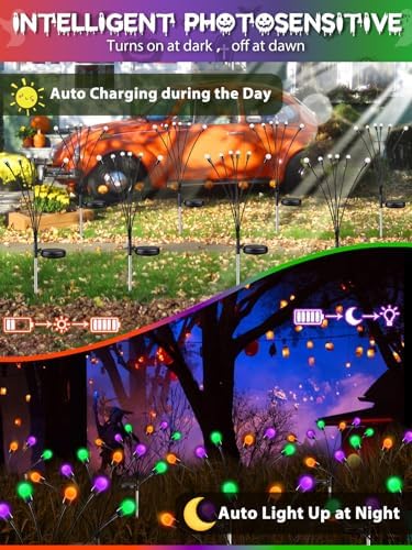Halloween Decor Outdoor Solar Firefly Lights 6PK 48 LED Orange Purple Green - Image 4