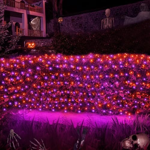 WBao Orange Purple Halloween Lights Outdoor 200LED F8 Big Bulbs, 8.4ft x 5.2ft Halloween Net Lights with 8 Modes, Timer, Connectable, Waterproof & Dark Green Wire for Lawn, Bushes Outdoor Decorations - Image 7