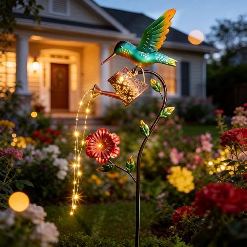 Hummingbird Solar Lights Outdoor Waterproof, 36 Inch Garden Decor with Watering Can Lights, Birthday Gifts for Women, Hummingbird Hanging Lantern Outdoor Decoration for Outside Yard Patio Porch Lawn - Image 3