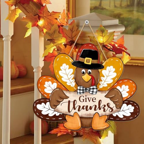 Thanksgiving Turkey Door Sign Decor, Give Thanks Wooden Wreath for Front Door Hanger, Yard Farmhouse Home Gobble Sign, Thankful Wreath Rustic Autumn Harvest Thanksgiving Party Decor - Image 5