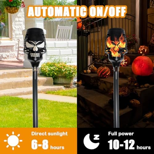 Halloween Solar Skull Stake Lights, Pathway Decor, 4 Pc, Orange - Image 3
