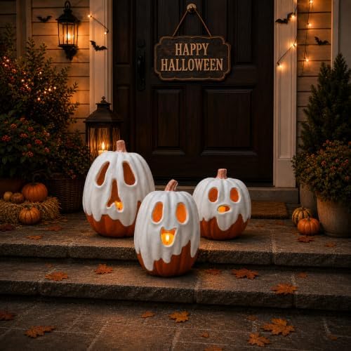 Halloween Decorations - 9.45" H Resin Ghost Pumpkin with Flameless Candle for Indoor Outdoor - Cute Spooky Decoration Centerpieces Halloween Decor for Tables Porch Yard Home Front Door Mantel - Image 5