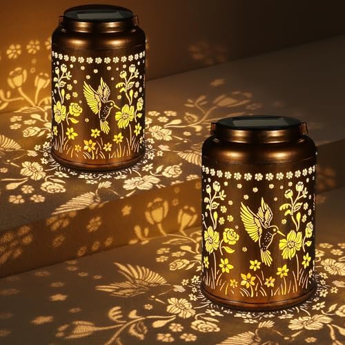 2 Pack Solar Lanterns Outdoor Waterproof, Hummingbird Garden Decor Gifts for Women Mom Grandma Hanging Solar Lights Metal Solar Decoration Outside for Yard, Patio, Lawn, Pathway by Tepaken