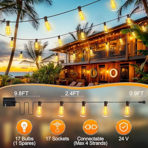 MGVIH Outdoor String Led Patio Lights - 50Ft 15M Outside Waterproof Light ST38 Shatterproof Bulb Connectable Hanging Outdoor Electric Lighting for Backyard Yard Gazebo Porch Party - Image 4
