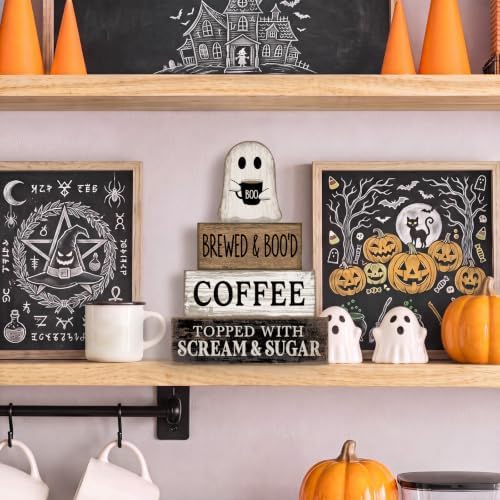 Lineshading 4 Pcs Halloween Ghost Blocks, Wooden Coffee Farmhouse Decor - Image 5