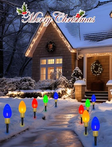 C9 Christmas Pathway Stake Lights, 7Ft String Lights with 4 Jumbo C9 Multicolor LED Bulbs, Stake, Christmas Decorations for Outdoor Garden Walkway - Image 5