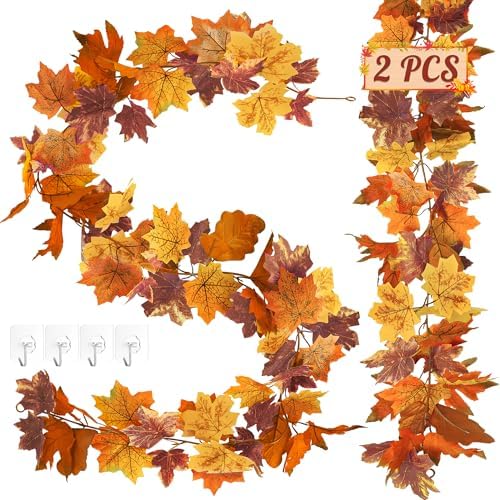 2Pack 11.8FT Fall Garland for Mantle Thanksgiving Wedding Autumn Decoration by Helimoto