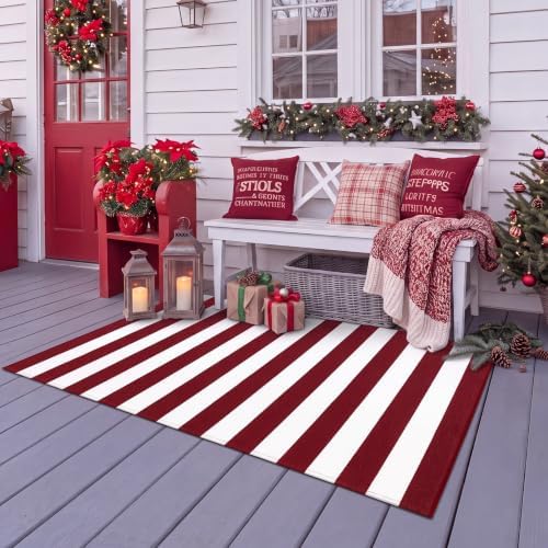 Duraaamo Christmas Burgundy White Striped Rug 3' x 5' for Outdoor Decor - Image 5