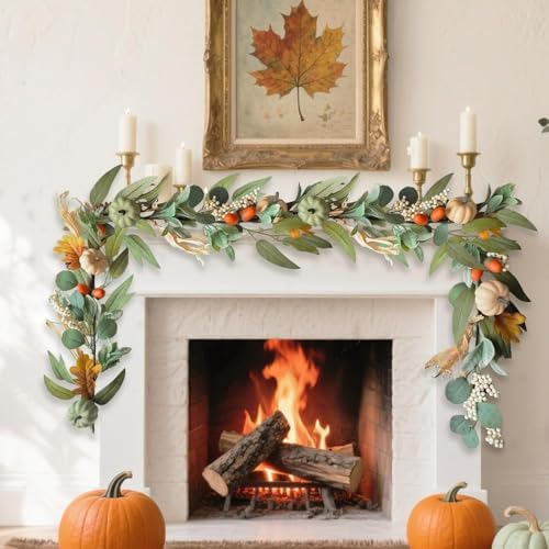 2Pcs Fall Garland with Lights Fall Decorations for Home 6Ft, Autumn Fake Pumpkin Berry Maple Leaves Garland for Mantle Halloween Harvest Thanksgiving Fireplace Party, Fall Decor Outdoor Indoor Porch - Image 4