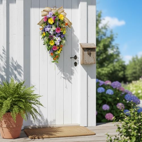 25 Inch Lighted Spring Summer Teardrop Swag with Timer Daisies Wildflower Burlap Bow Farmhouse Floral Decor for Front Door Wall - Image 6