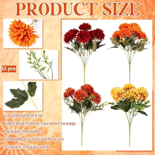 XunYee 12 Pcs Fall Artificial Flowers for Outdoor Faux Mums,Burnt Orange - Image 2