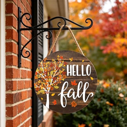 Hello Fall Wreath for Front Door Fall Tree Welcome Door Sign 12x12 Inch Autumn Maple Leaves Wood Door Hanger Farmhouse Thanksgiving Hanging Plaque for Home Porch Wall Indoor Outdoor Decorations - Image 4